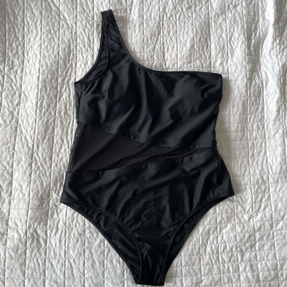 NWT Cupshe One Shoulder Mesh Cutout Womens Black One Piece Swimsuit Size XL - Picture 1 of 8